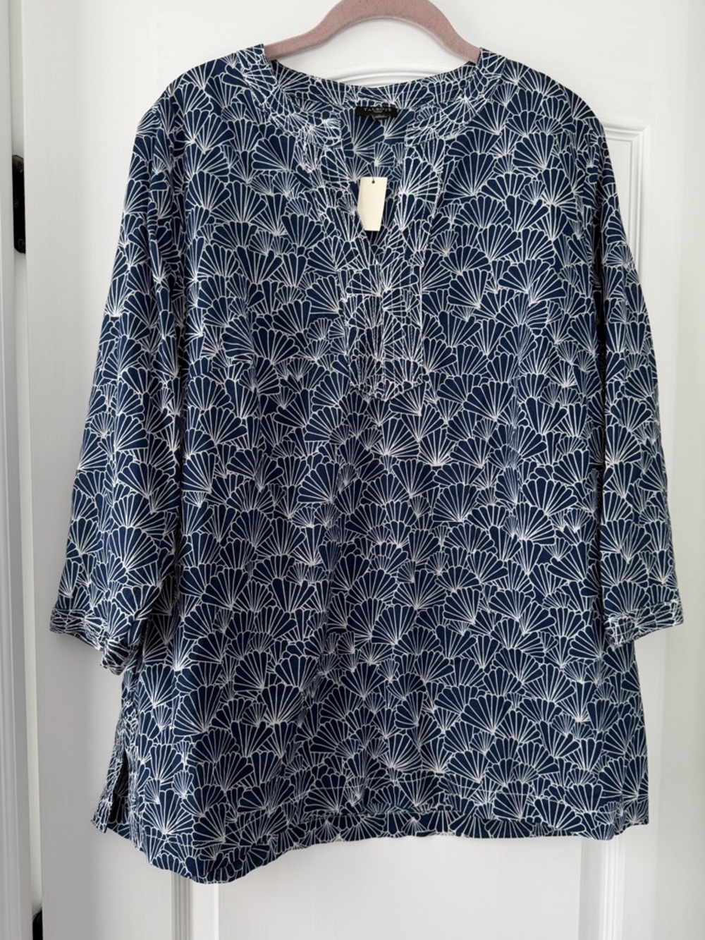 Talbots XL NWT Navy White Fan Print Shell Print Cotton Tunic Top 3/4 Sleeve - Picture 2 of 8